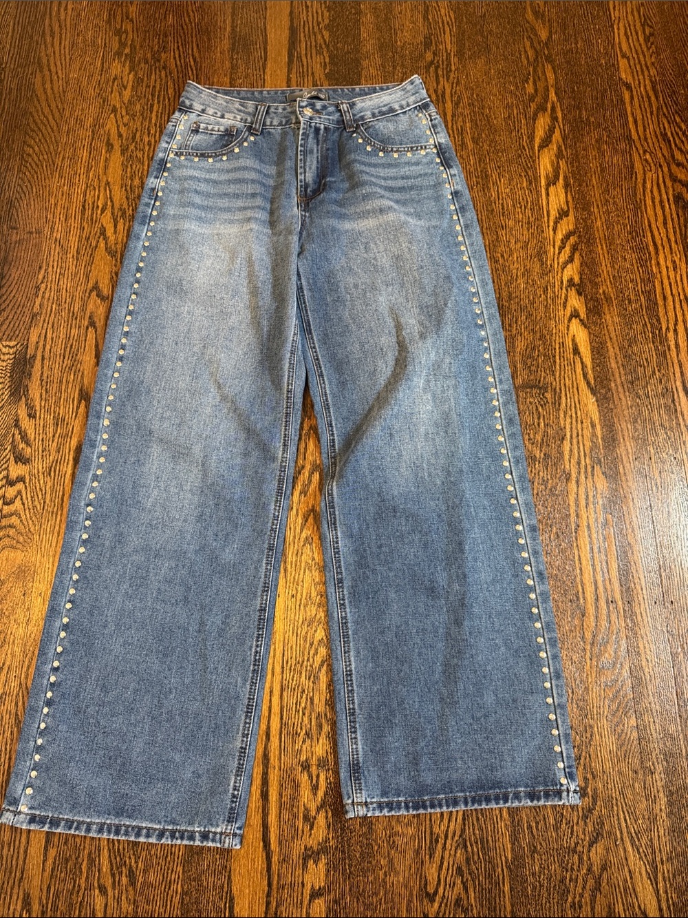Relaxed Wide-Leg Men's Jeans with Side Stud Detail - Blue